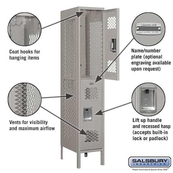 2 Tier Vented Locker, 12Wx66Hx18D, 2 Door, Gray, Unassembled